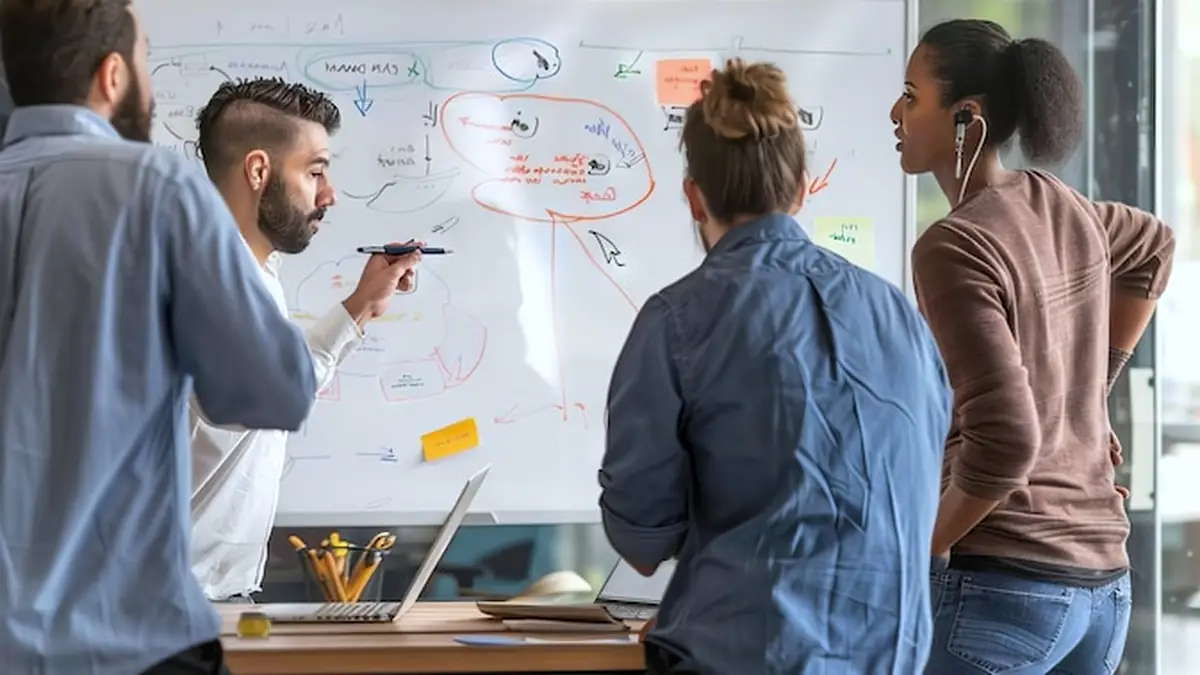 Four colleagues standing at a whiteboard covered with a hand-drawn diagram and sticky notes